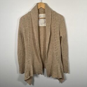 Anthropologie Womens Open Cardigan Sz M Beige Wool Blend Shawl Collar Heavy Knit